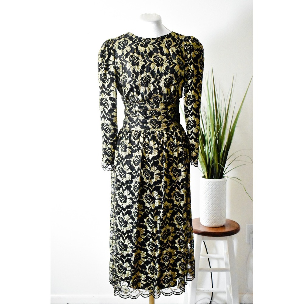 Vintage Lace Midi Dress Womens M Black Gold 80s Metallic Floral V-Back Glam